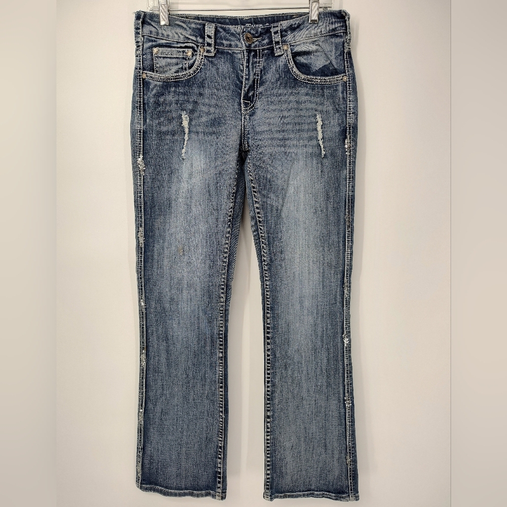 Cowgirl Tuff Sparkle II Distressed Blue Boot Cut Jeans Size Women's 29x33